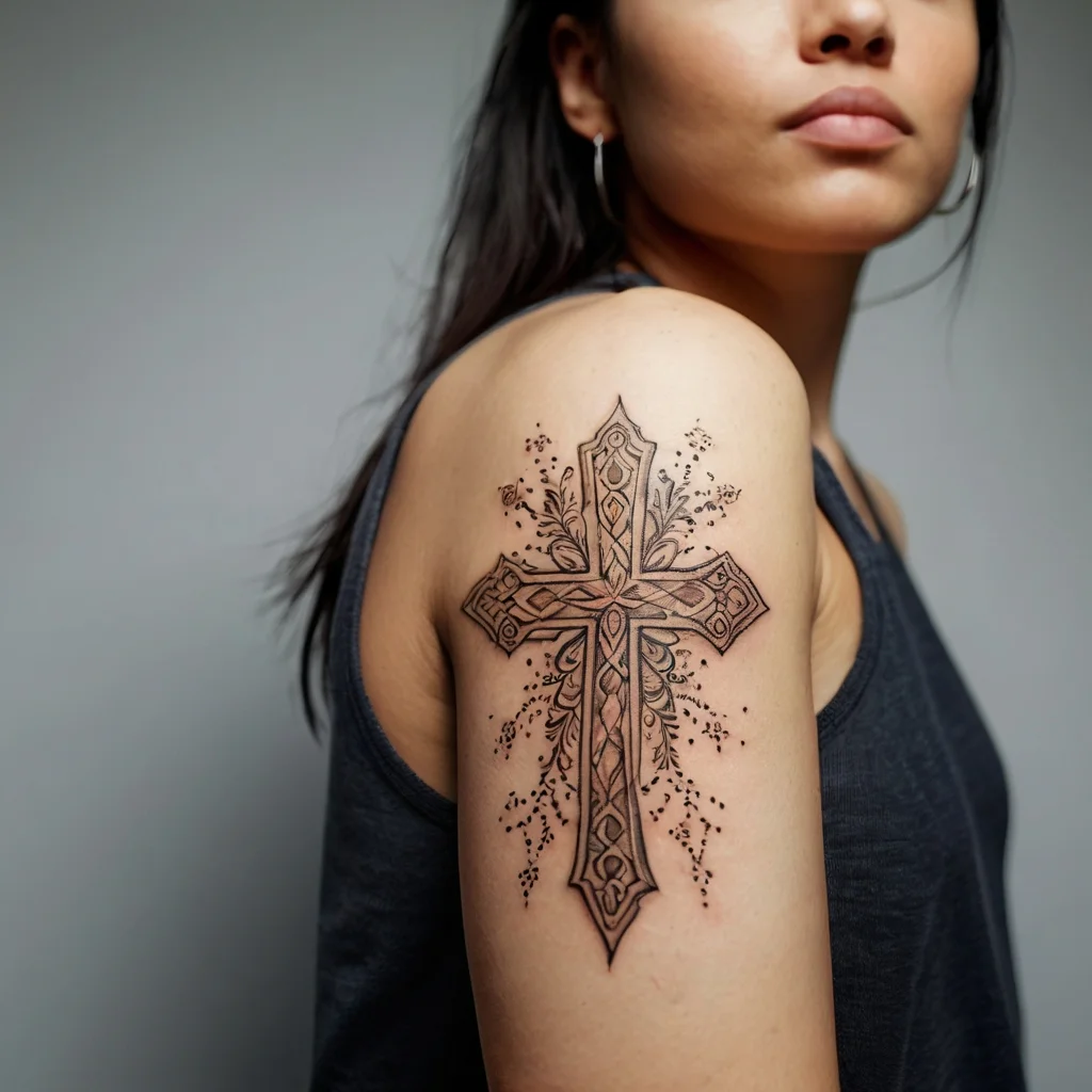 Intricate cross tattoo with ornate details and floral accents on upper arm, symbolizing faith and beauty.