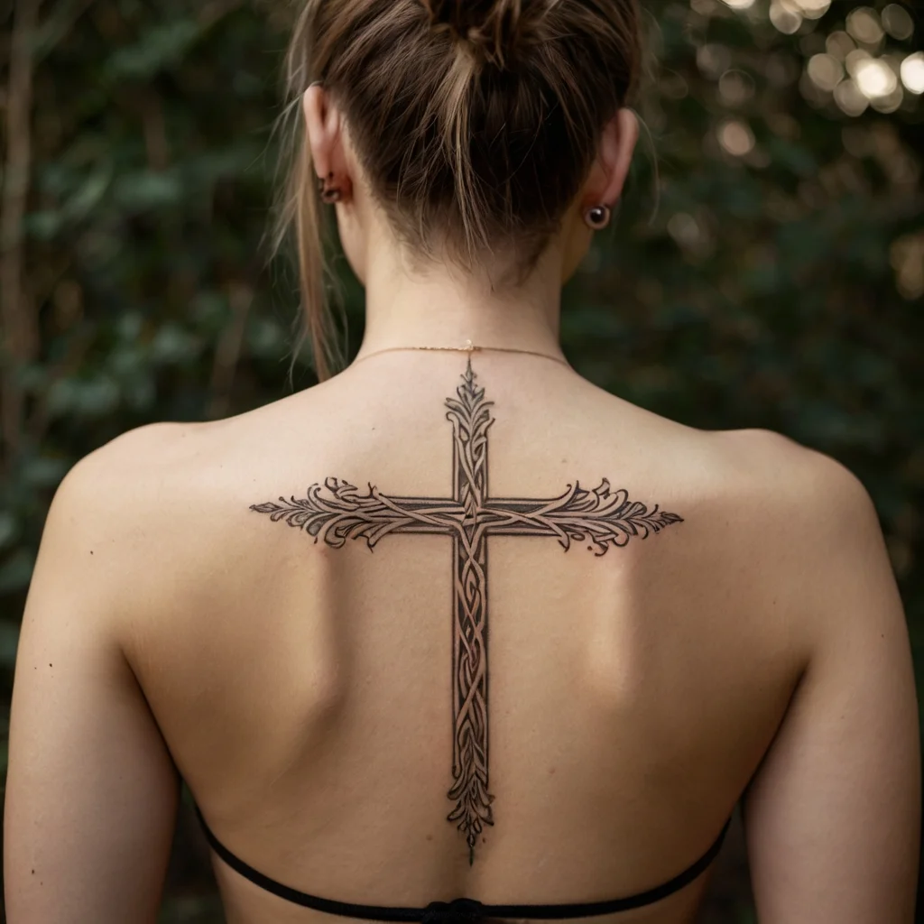 Elegant cross tattoo with intricate Celtic patterns on woman's upper back, showcasing detailed knotwork and symmetry.