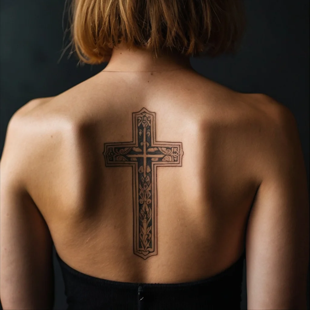 Intricate cross tattoo with floral patterns on upper back, featuring symmetrical details and bold outlines.