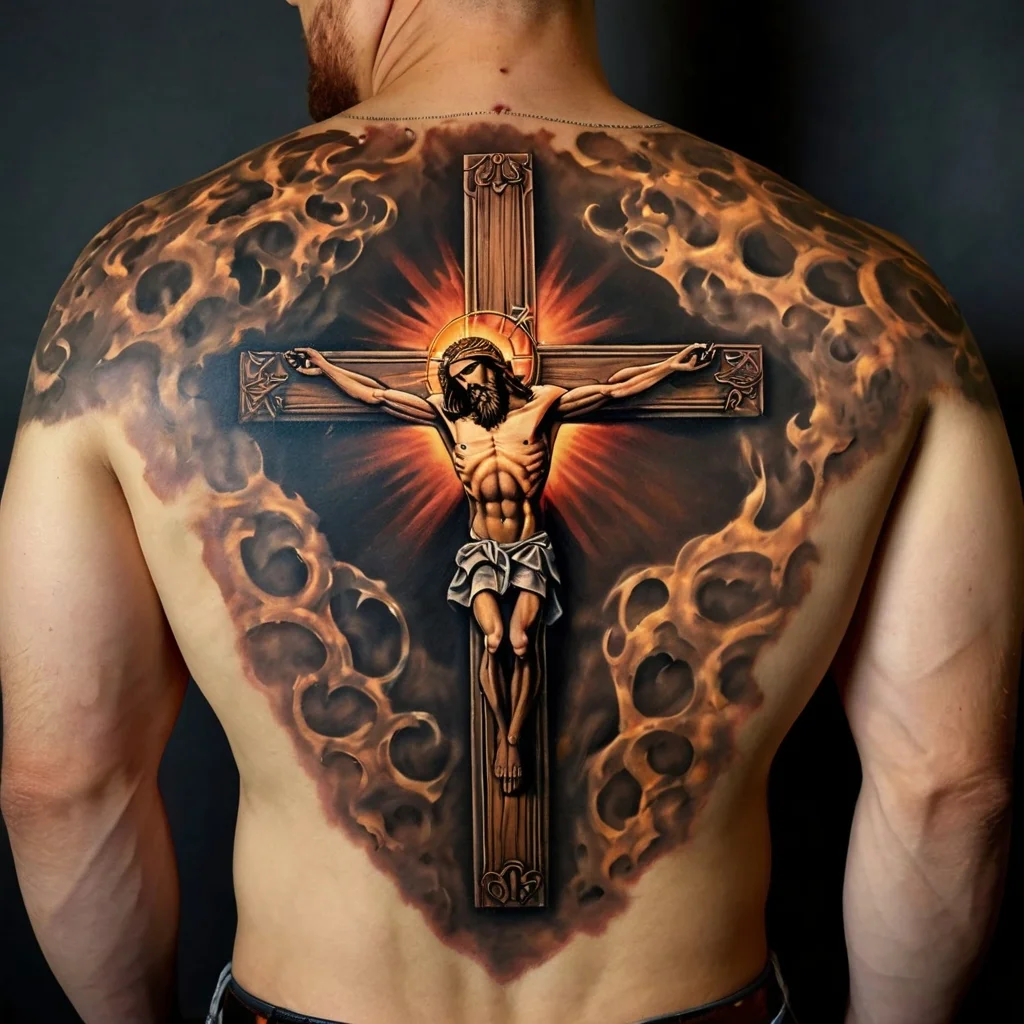 Intricate back tattoo of Christ on the cross, surrounded by realistic flames and a radiant halo, symbolizing sacrifice and divinity.