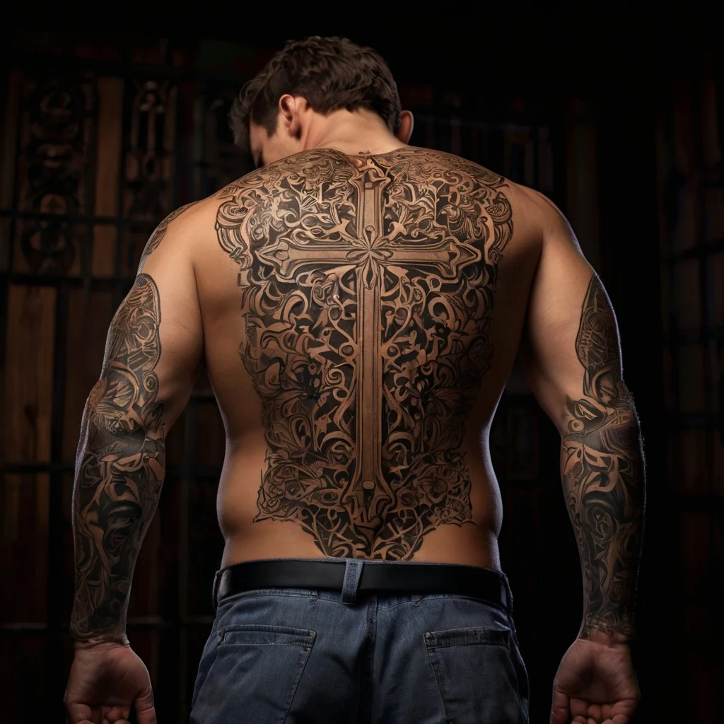 Intricate full-back tattoo of an ornate cross surrounded by elaborate swirling patterns, extending onto the arms.