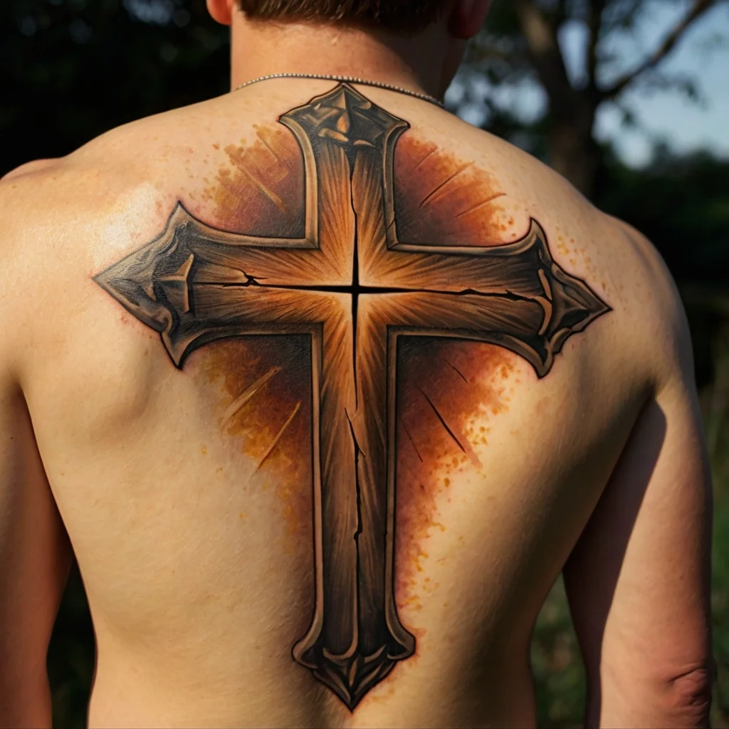 3D cross tattoo on back, featuring realistic wood texture with glowing light effects and splatter background for depth.