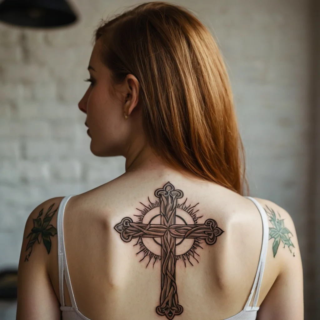 Intricate cross tattoo with Celtic knot work, surrounded by sun rays, centered on woman's upper back, highlighting spirituality.