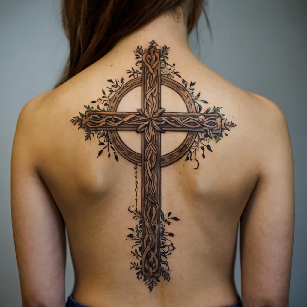 Intricate cross tattoo with Celtic knotwork and leafy details, spanning the back, symbolizing faith and eternity.