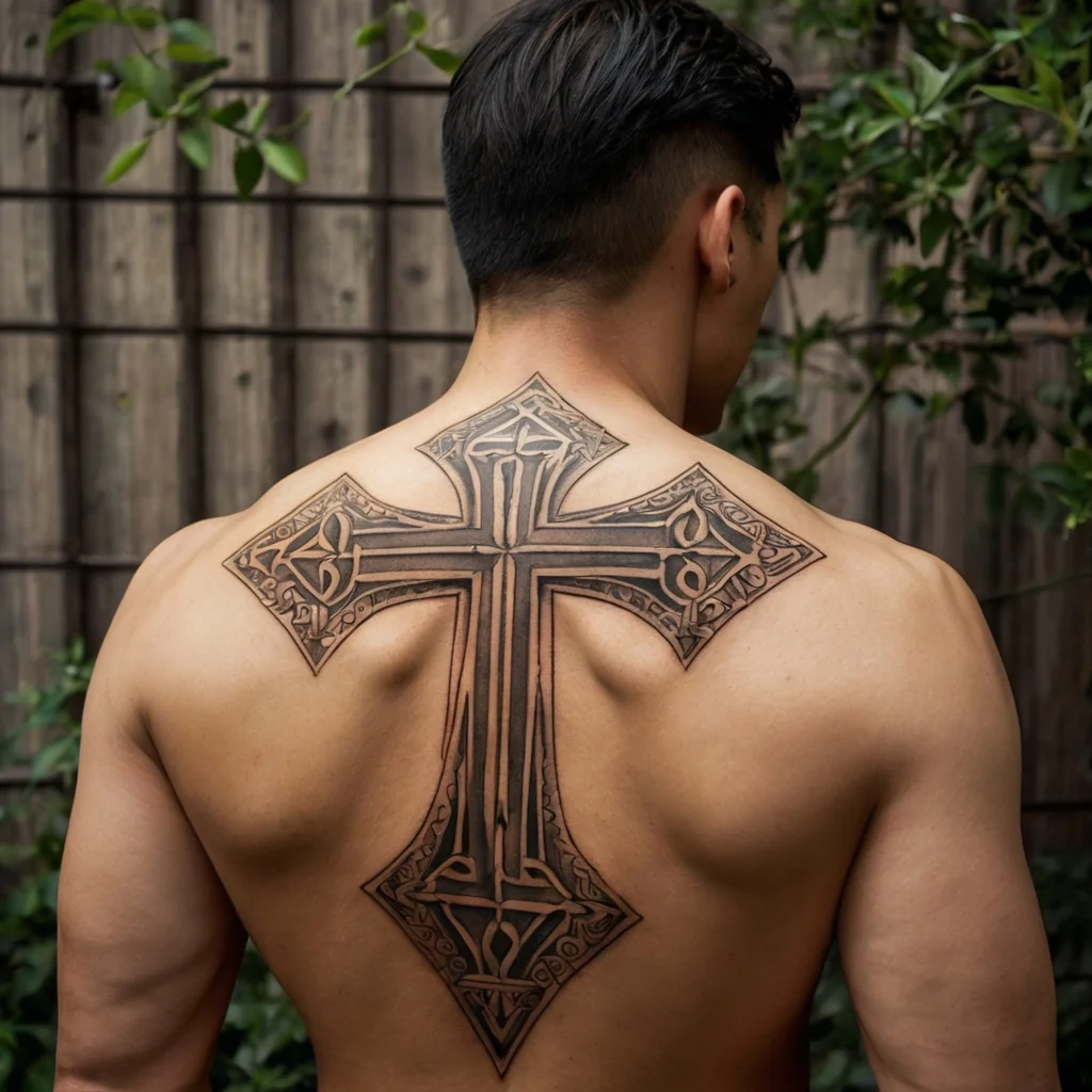 Large back tattoo of an intricate Celtic cross design with knot patterns and bold outlines.