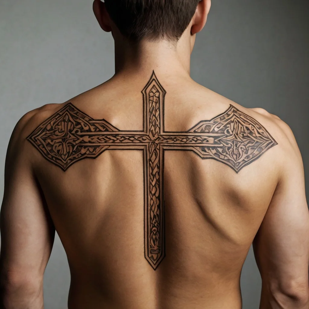 Ornate Celtic cross tattoo on upper back, featuring intricate knotwork with bold outlines and symmetrical design.