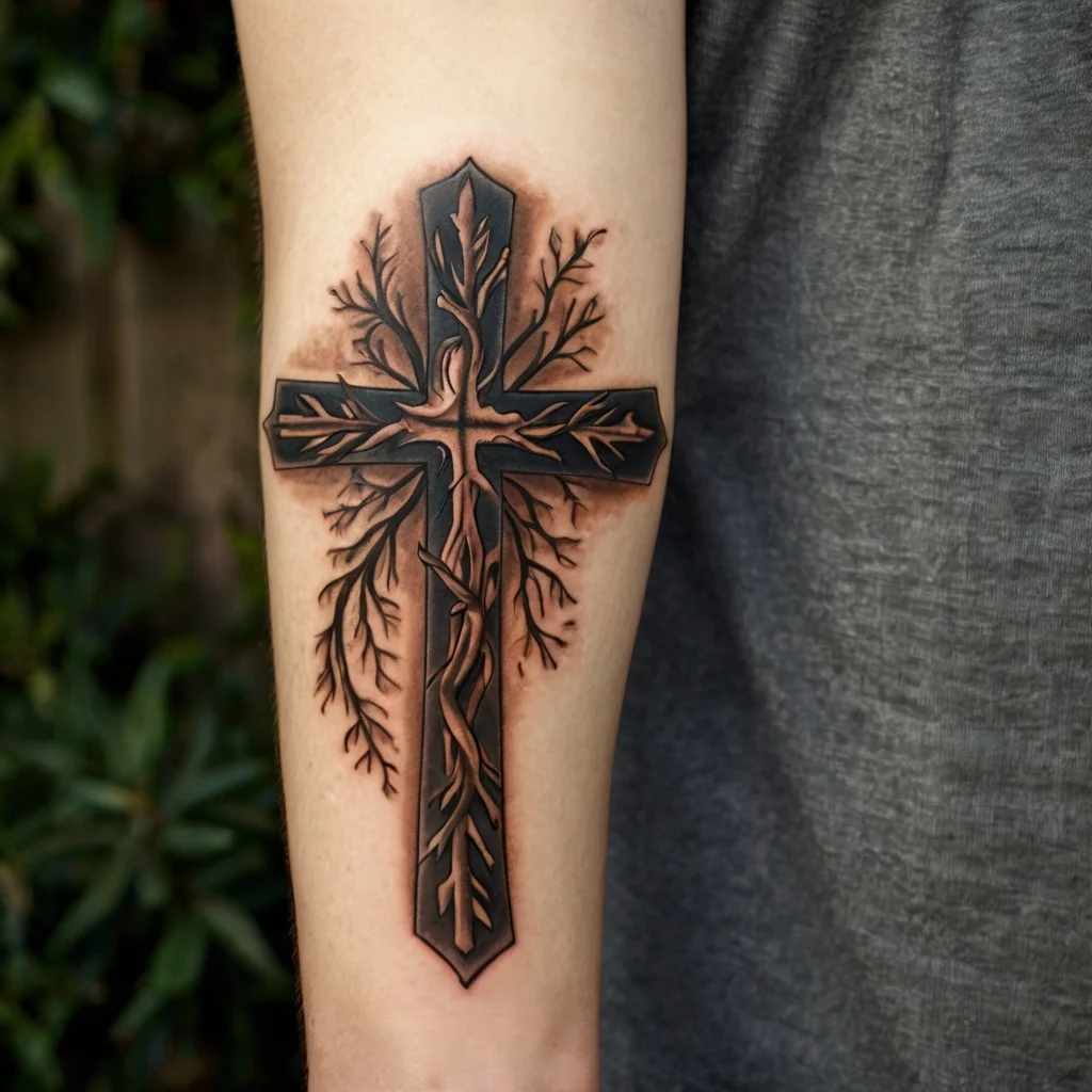 Intricate cross tattoo with branching vines, creating a 3D effect, symbolizes faith and growth elegantly on the forearm.