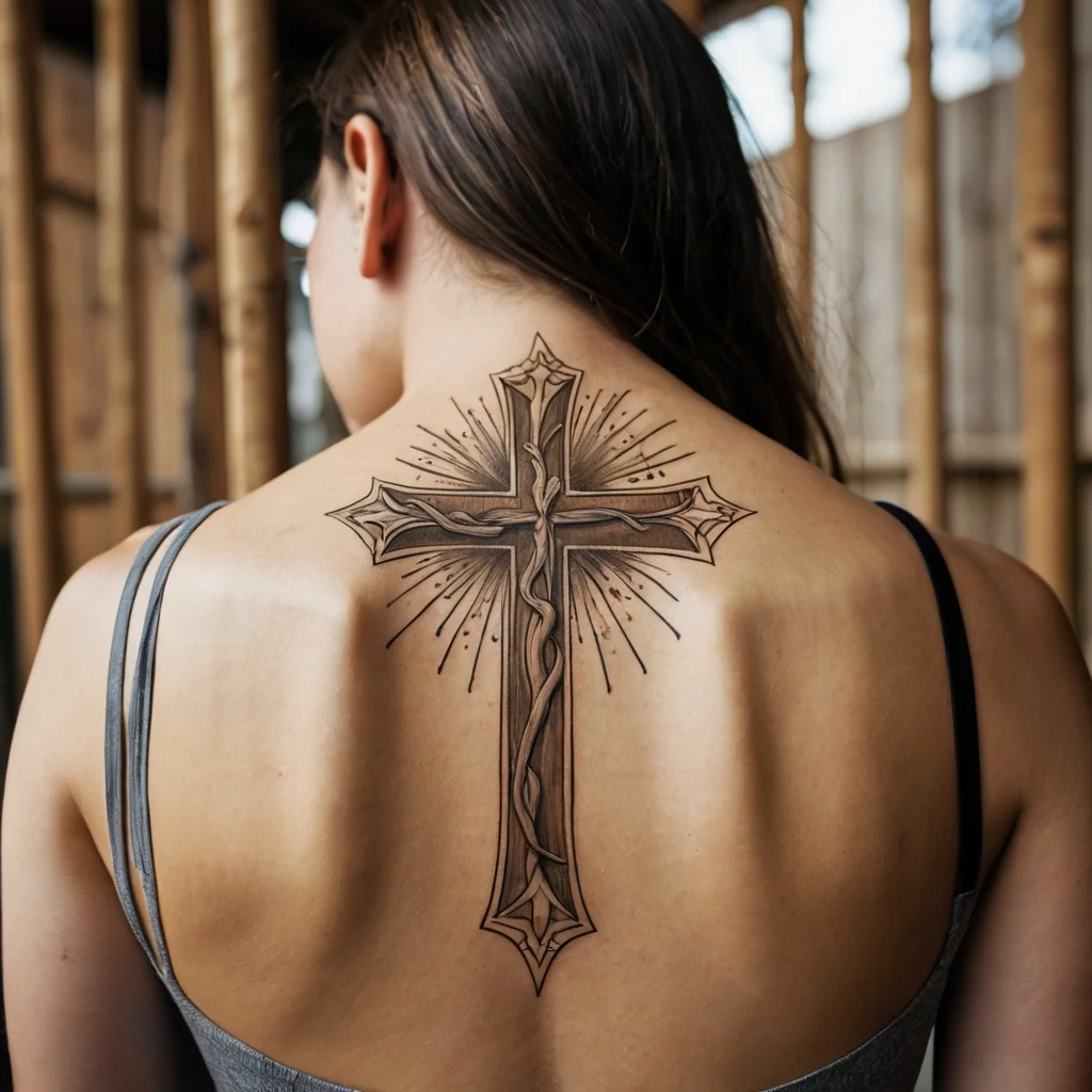 Tattoo of an ornate cross with vines, surrounded by radiant lines, centered on upper back for a striking spiritual design.