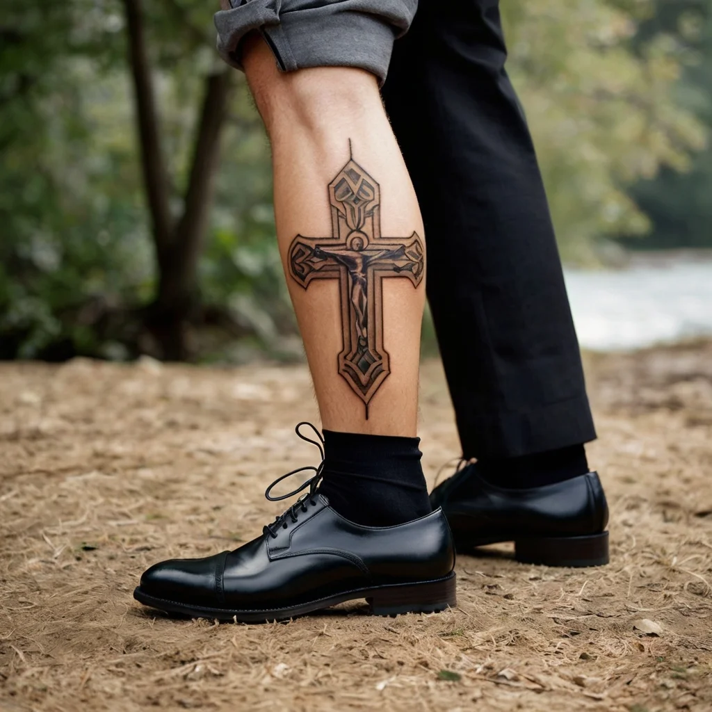 Intricate Celtic cross tattoo on calf, featuring bold lines and knotwork, symbolizing faith and heritage.