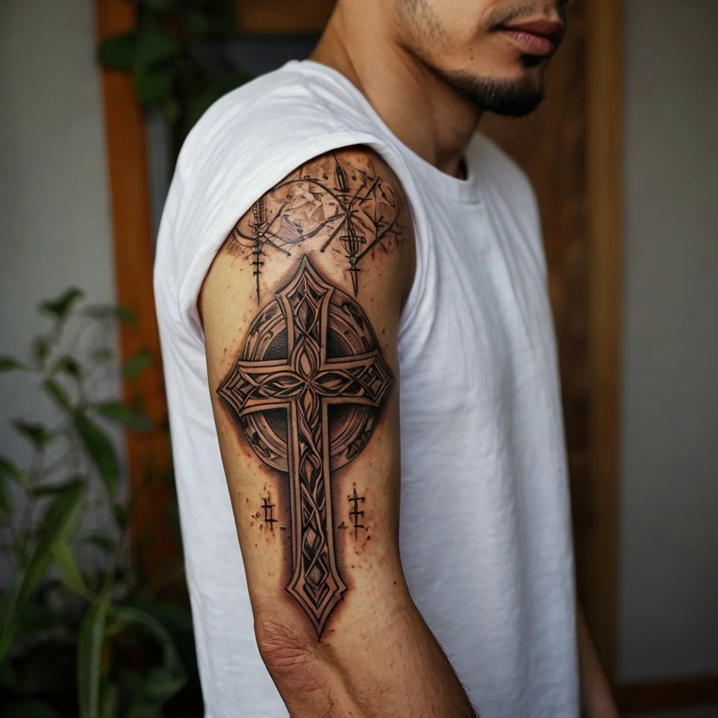 Celtic cross tattoo with intricate knotwork on upper arm, surrounded by abstract linework and geometric accents.