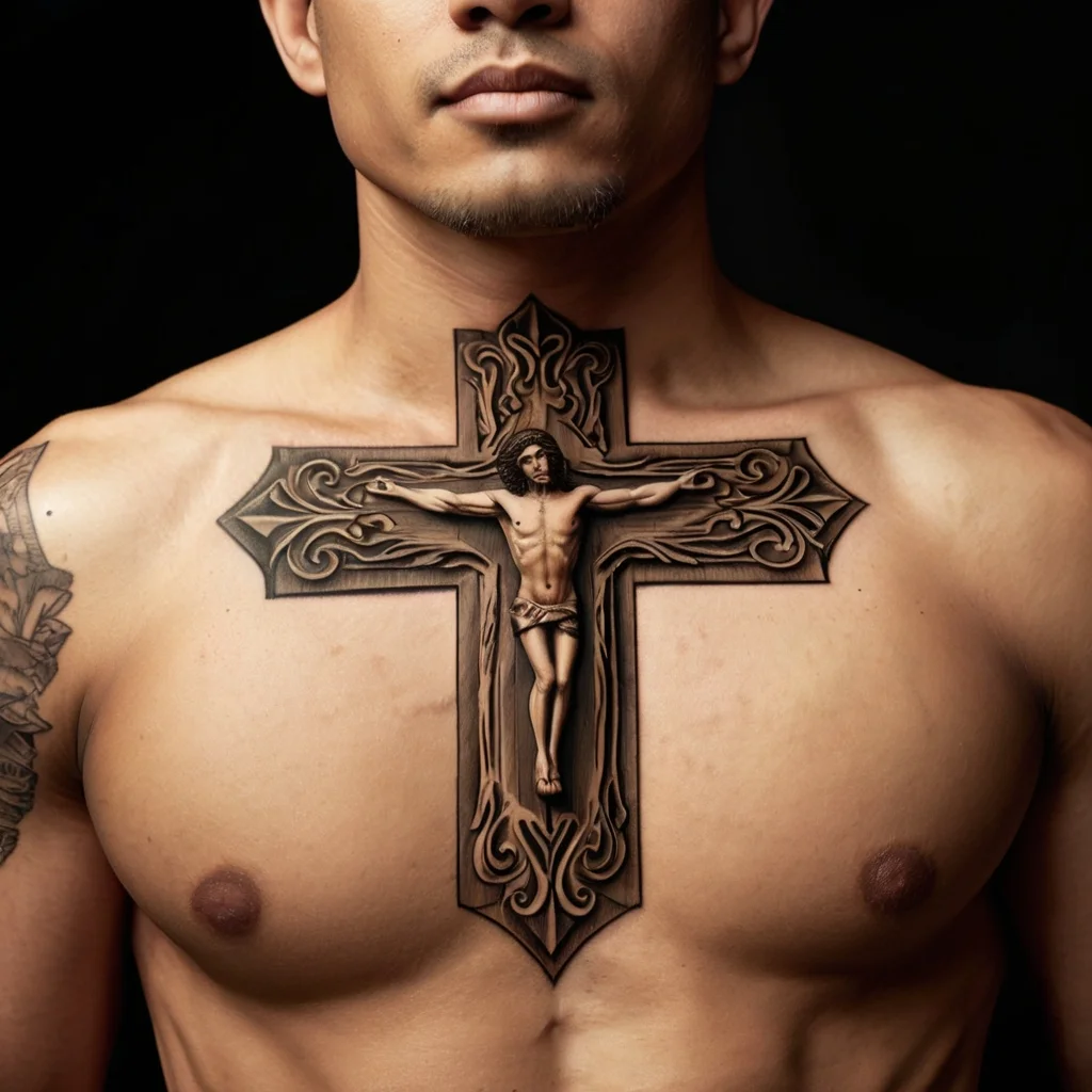 Chest tattoo of Jesus on the cross with intricate shading and ornate patterns, merging gothic elements with realism.