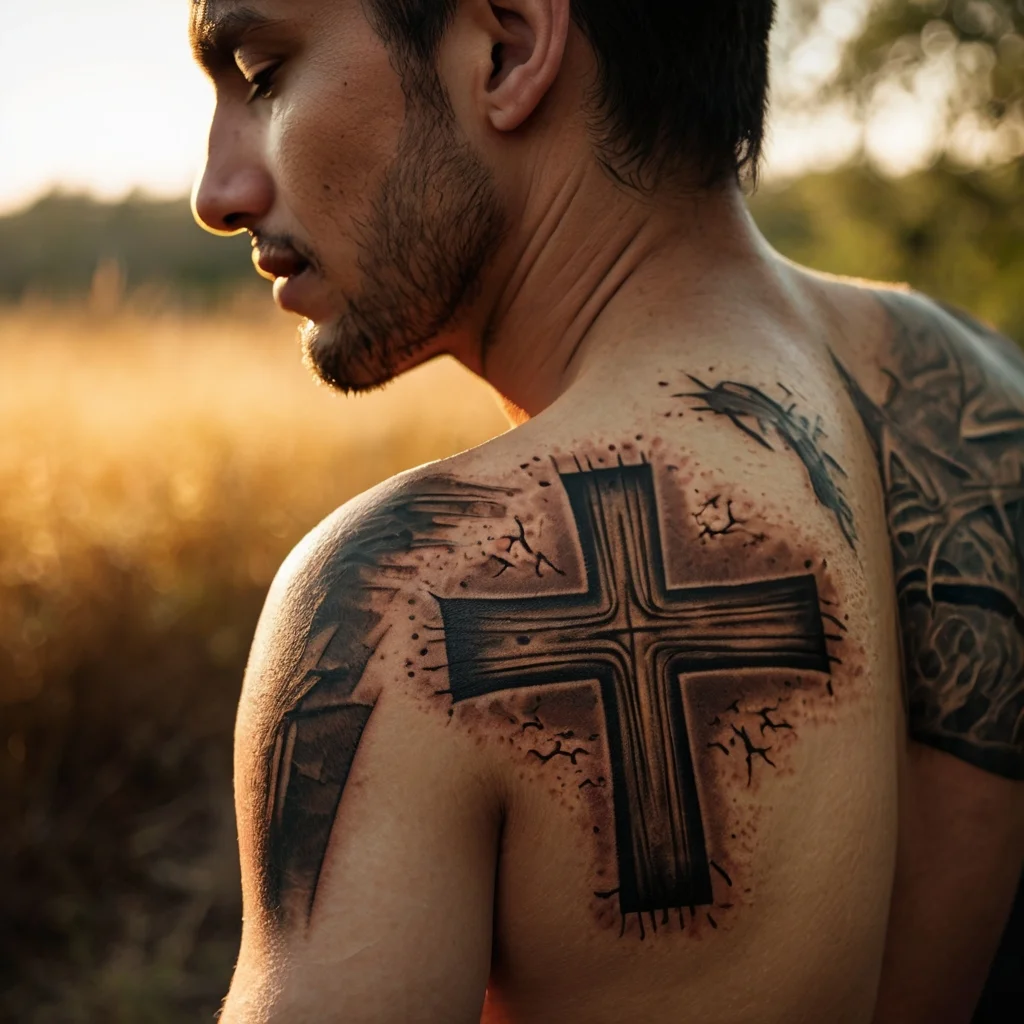 A realistic cross tattoo on the shoulder with wood texture and shading, surrounded by artistic cracks and splatters.