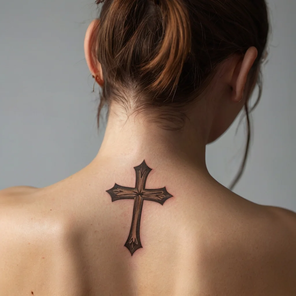 Gothic-style cross tattoo on the upper back with ornate edges and wood texture details, symbolizing faith and strength.