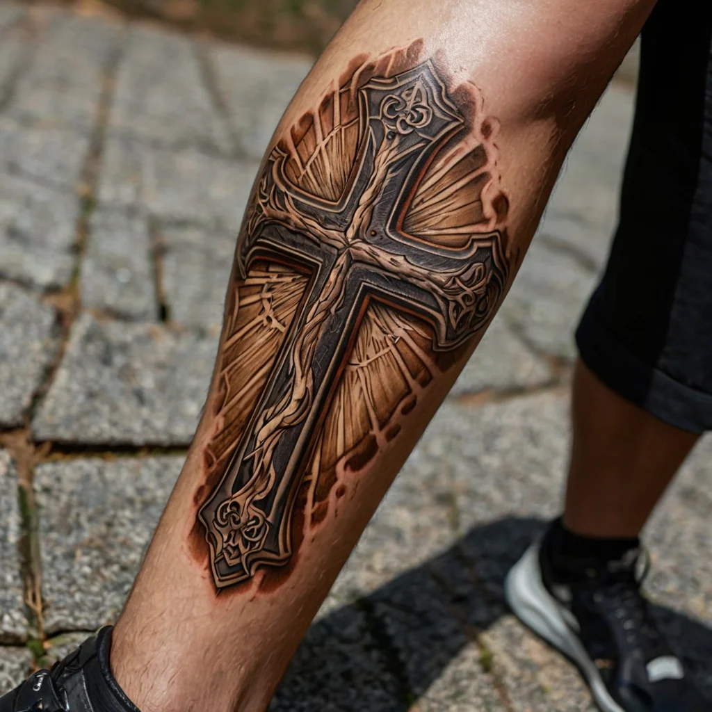 Intricate cross tattoo with Celtic details, featuring realistic shading and dynamic lighting on the calf.