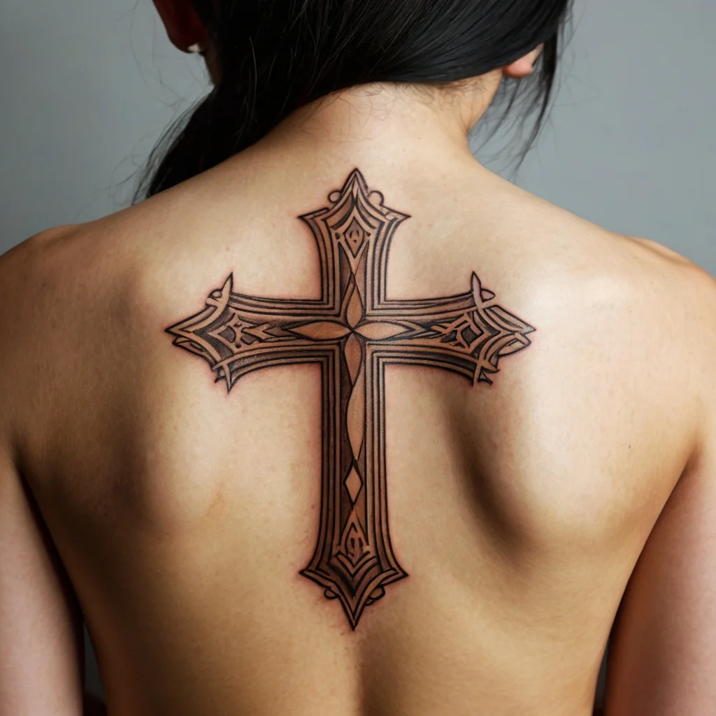 Intricate cross tattoo on back with Celtic-inspired patterns and bold lines, symbolizing faith and protection.