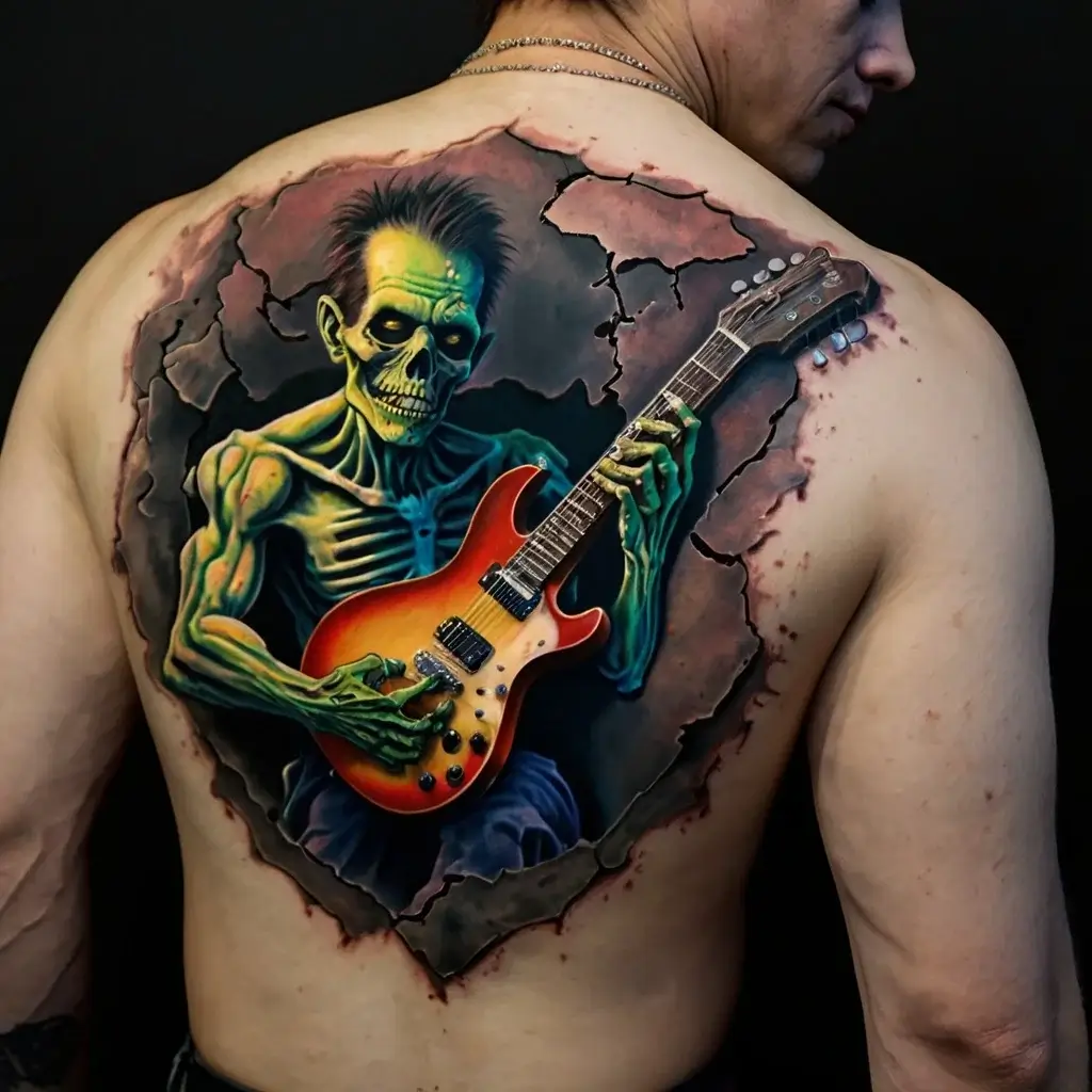 Tattoo of a skeletal rock guitarist emerges from a cracked back, vibrant hues, intense detail, and dynamic 3D effect.