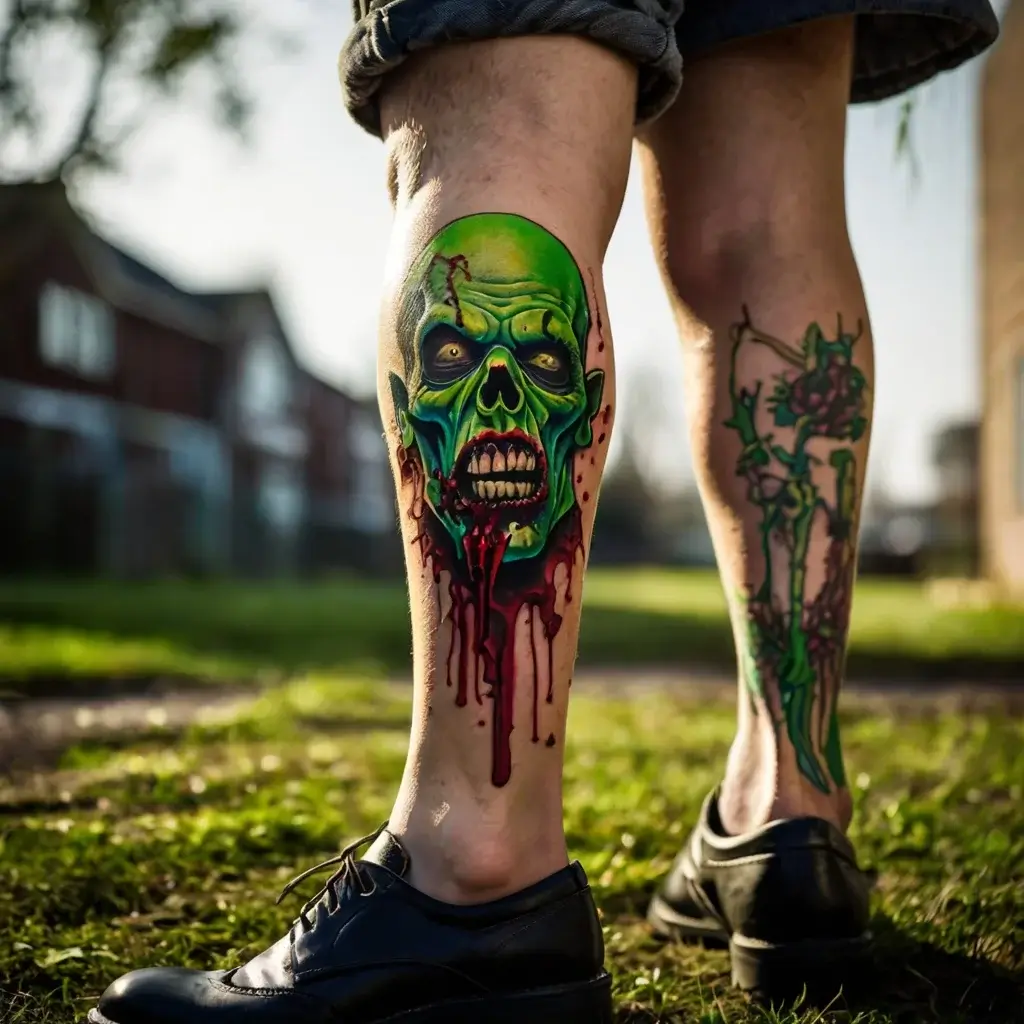 Tattoo of a vibrant green skull with red dripping accents, depicting a horror theme on the calf.