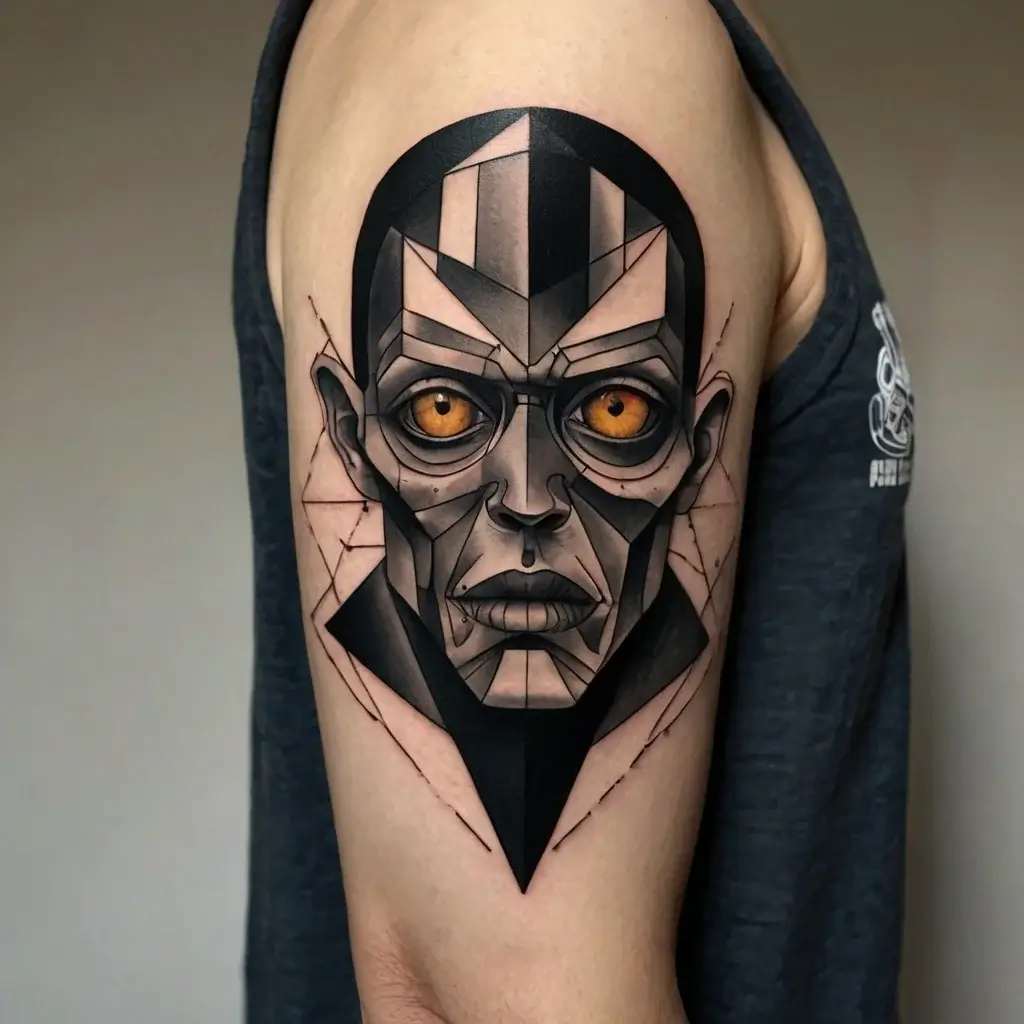 Geometric portrait tattoo with angular lines and rich shading, featuring striking amber eyes and a modern design.