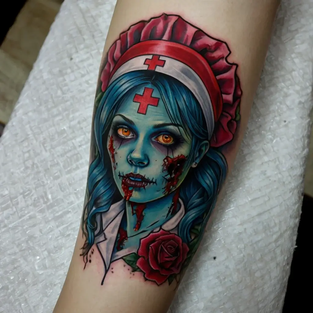 Tattoo of a zombie nurse with blue skin, red eyes, and a red rose, showcasing vivid colors and horror theme.