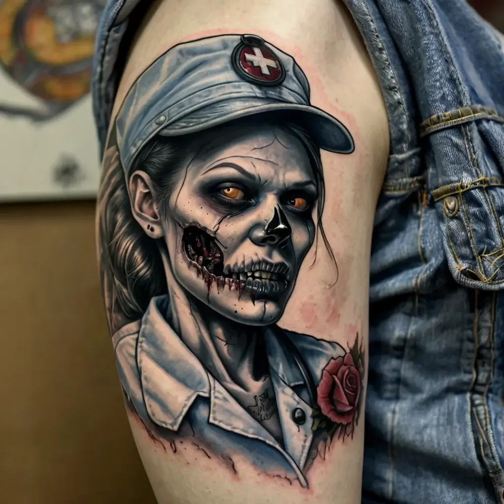 Tattoo of a zombie nurse with glowing eyes, decayed skin, and a rose on the shoulder, wearing a cap with a red cross.