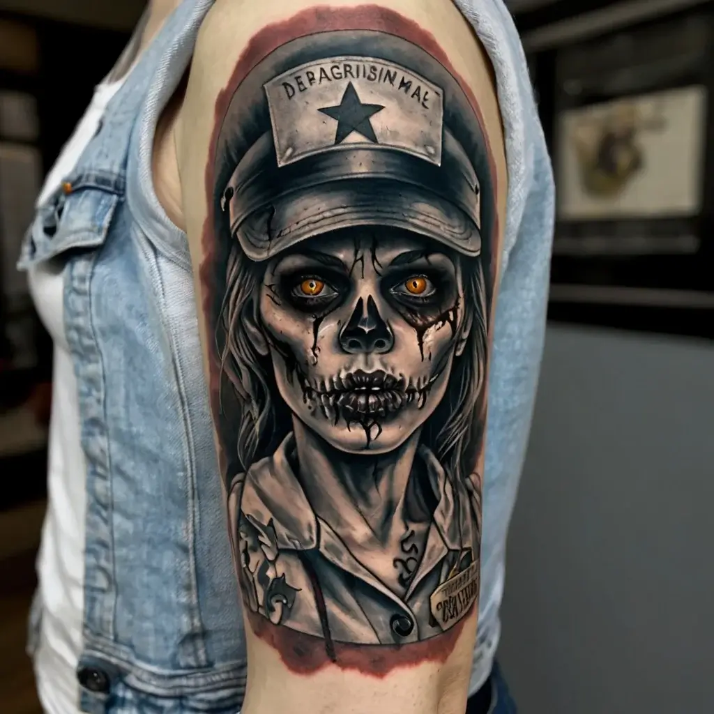 Detailed tattoo of a skeletal soldier with glowing eyes, featuring a cap and uniform; highlighted in grayscale with bold shading.