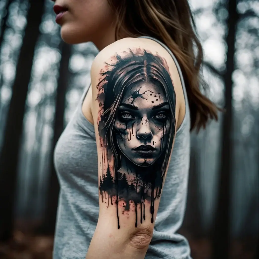 Expressive black and gray tattoo of a woman's face with dripping ink and forest elements on the upper arm.