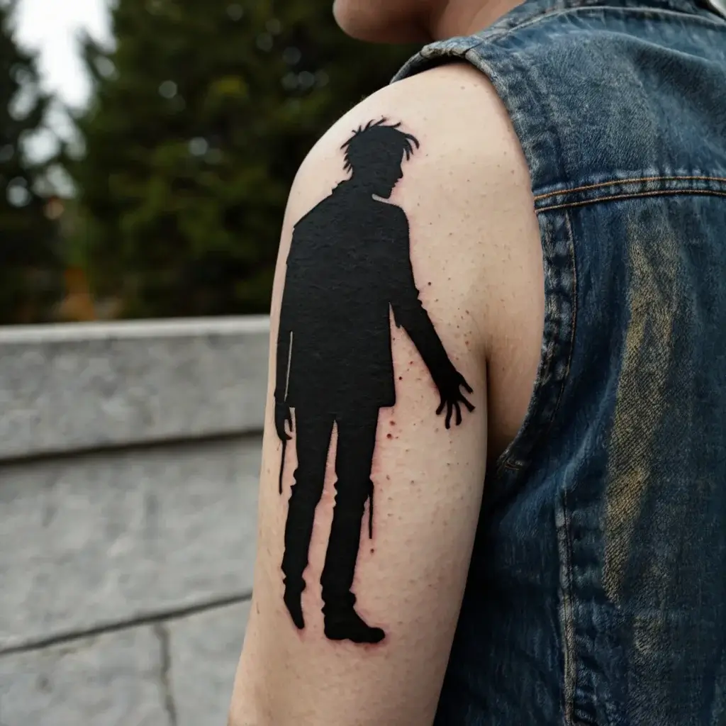 Silhouette tattoo of a mysterious figure with wild hair and outstretched hand, inked on the upper arm.