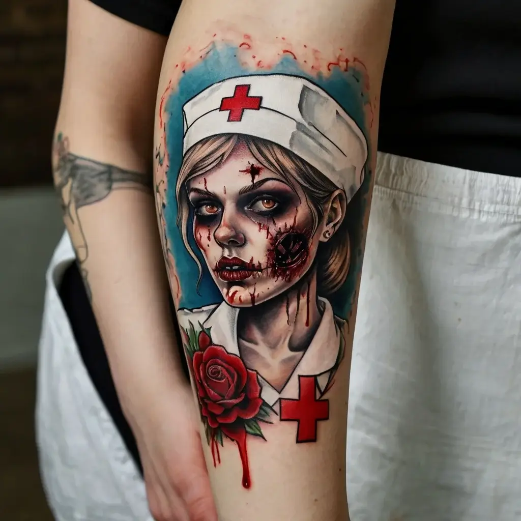 Zombie nurse tattoo with blood, red cross, and rose, blending horror and beauty in vivid realism against a blue background.