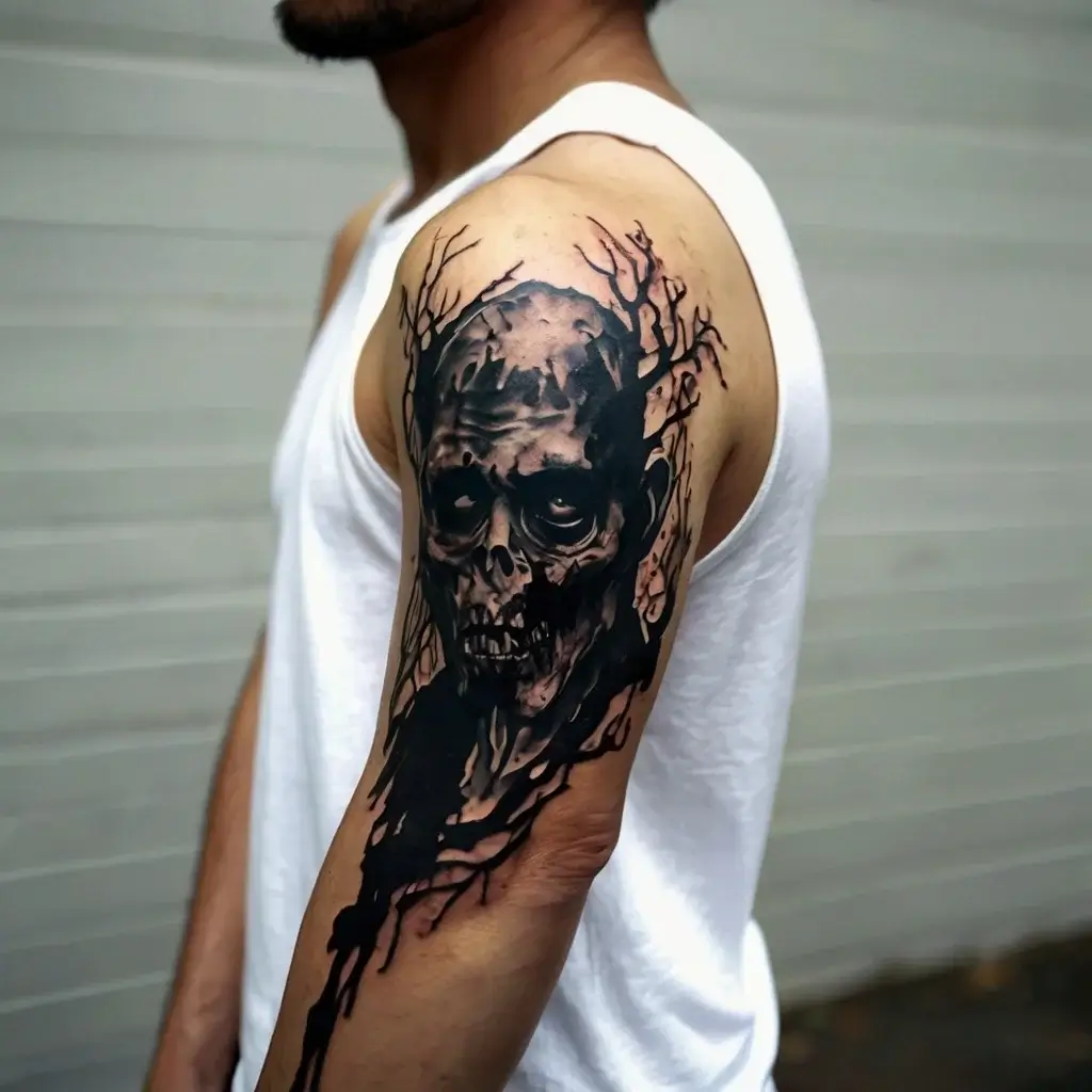 Dramatic skull tattoo with tree branches, blending horror elements on the upper arm, emphasizing shadows and depth.