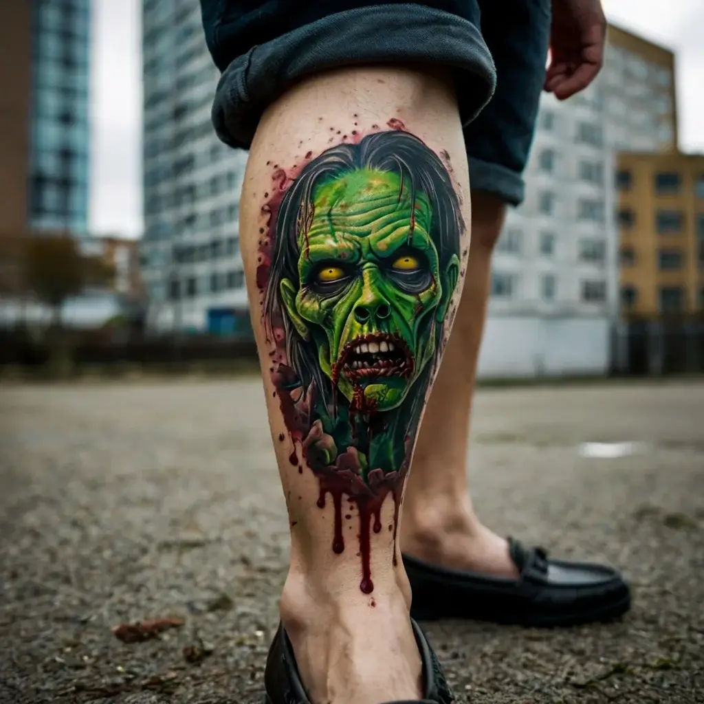 Zombie tattoo with bright green skin, yellow eyes, and blood details, creating a vivid, haunting effect on the calf.