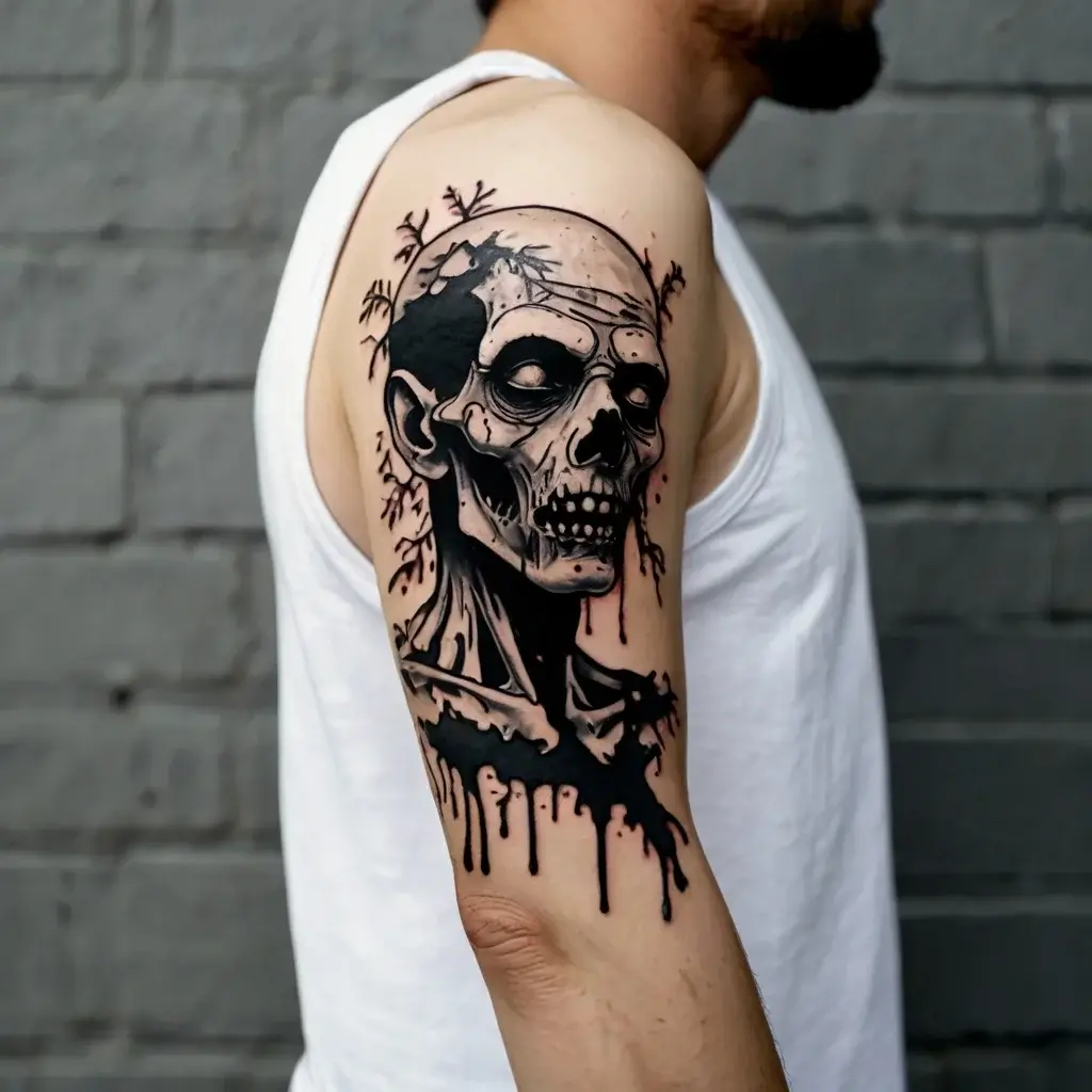 Bold black and grey tattoo of a decaying skull with dripping ink and haunting skeletal features on upper arm.