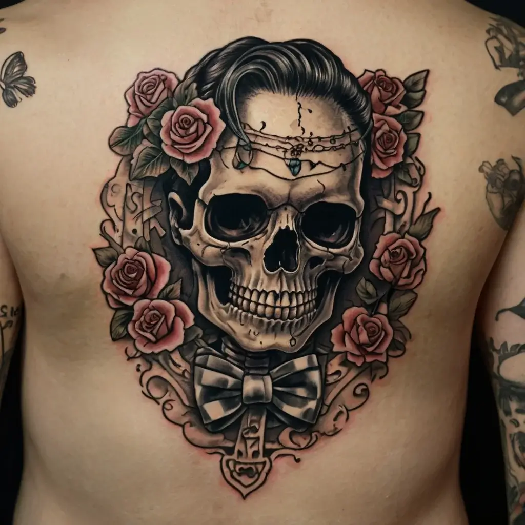 Tattoo of a dapper skull adorned with a bow tie, surrounded by roses and intricate designs on a person's back.