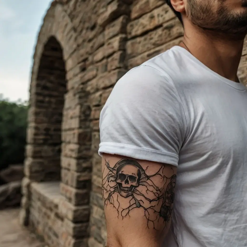 Tattoo of a cracked skull emanating lightning-like cracks, symbolizing strength and resilience, on upper arm.