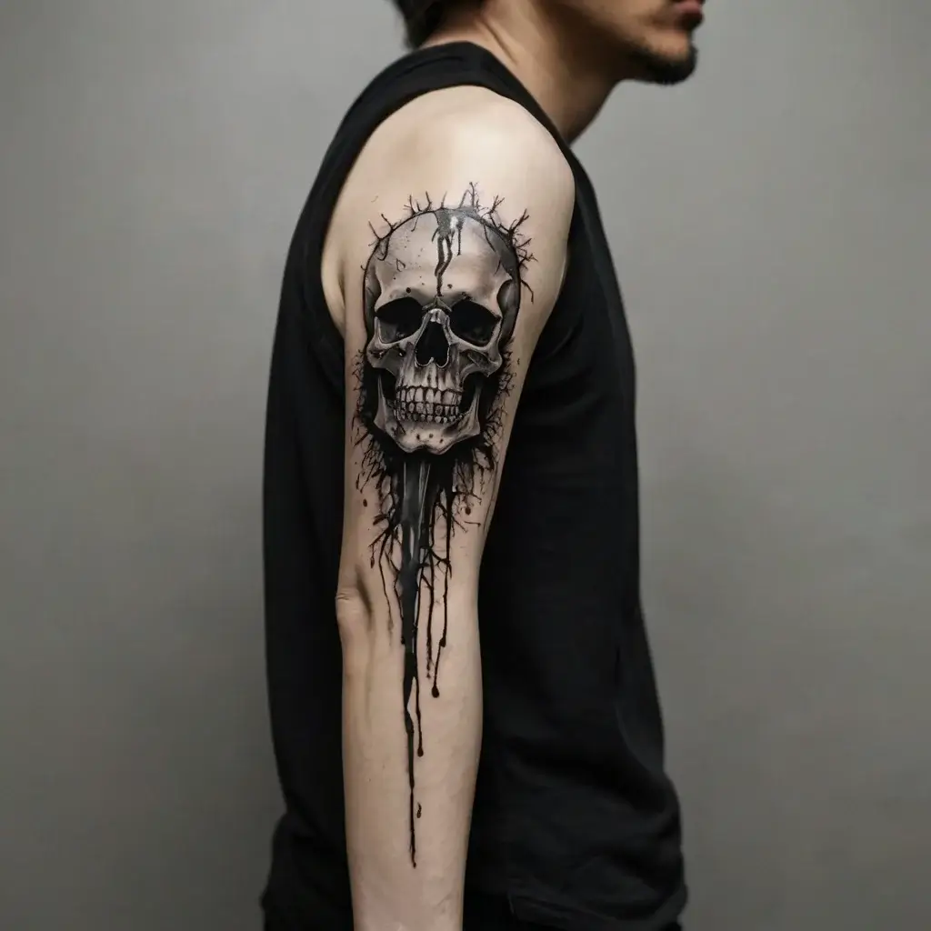 Black and grey skull tattoo with ink splatters and drips on upper arm, creating a dynamic and edgy design.