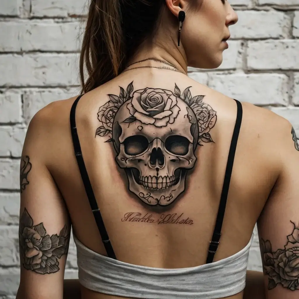 Tattoo of a detailed skull adorned with roses on the upper back, featuring intricate shading and fine linework.