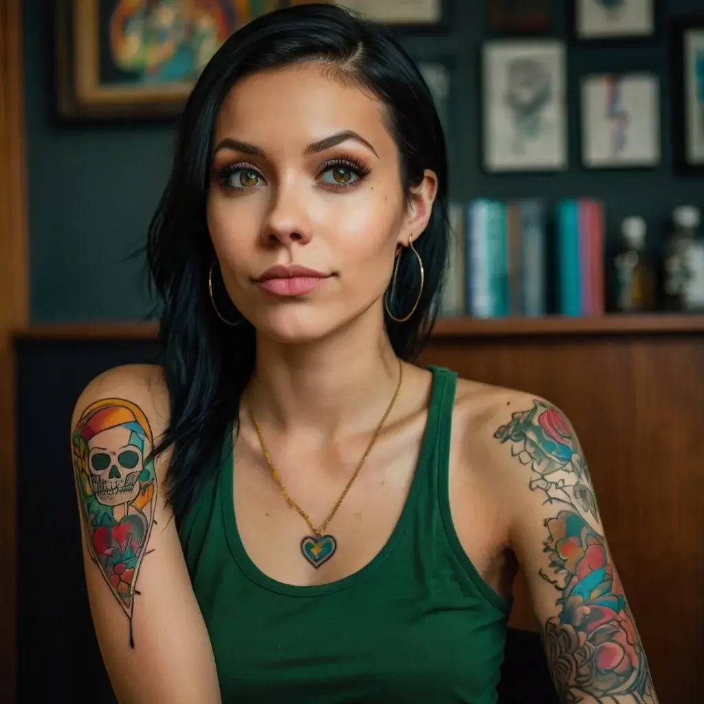 Woman with a colorful skull tattoo on left arm; right arm features floral designs with vibrant red and blue hues.