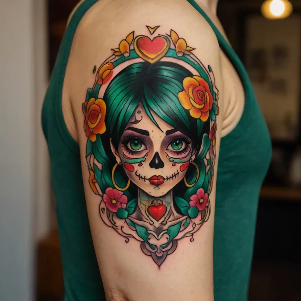 Colorful Día de los Muertos tattoo with a female skull, vibrant flowers, green hair, and a heart, symbolizing life and death.