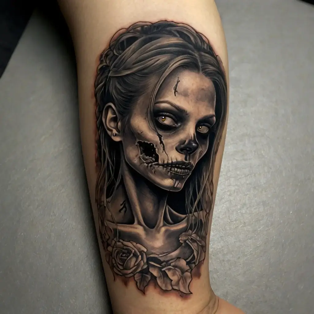 Realistic tattoo of a haunting female figure, merging a skull and a face, with detailed roses below, creating a gothic vibe.