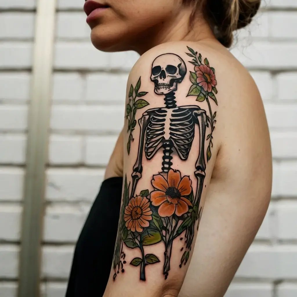 A skeleton entwined with vibrant flowers on an arm, symbolizing the fusion of life and death in bold, colorful ink.