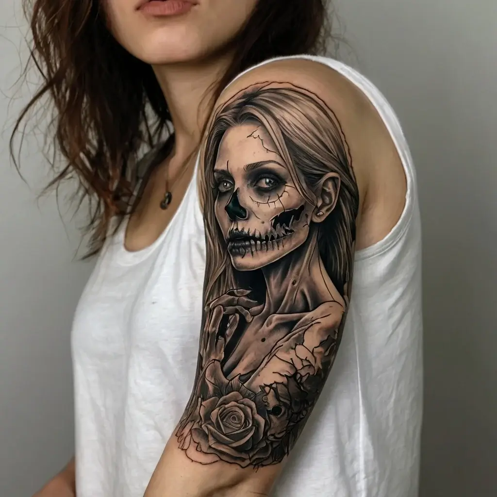 Tattoo of a cracked skull-faced woman with long hair, intricate shading, and roses, capturing a hauntingly beautiful design.