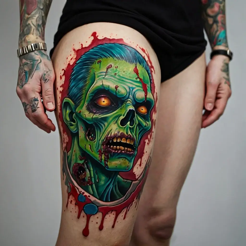 Tattoo design of a vibrant green zombie head with piercing orange eyes and dripping blood on the thigh.