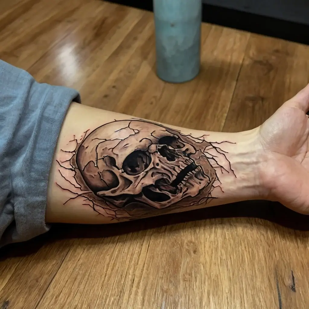 Realistic skull tattoo with cracked effect, creating a 3D illusion of a skull breaking through the skin.