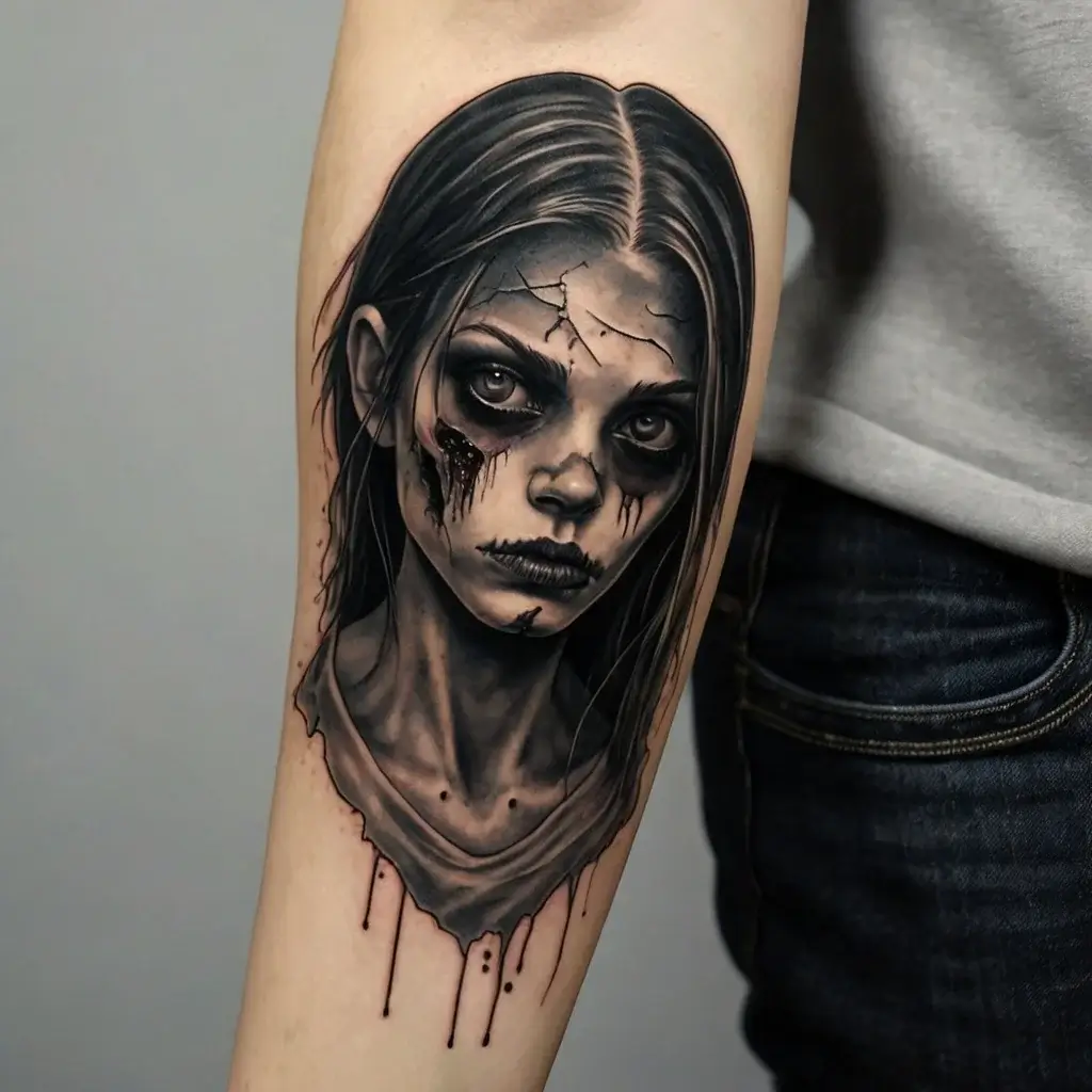 Realistic black and gray tattoo of a haunting, cracked face with bleeding eyes, creating a dramatic horror effect.