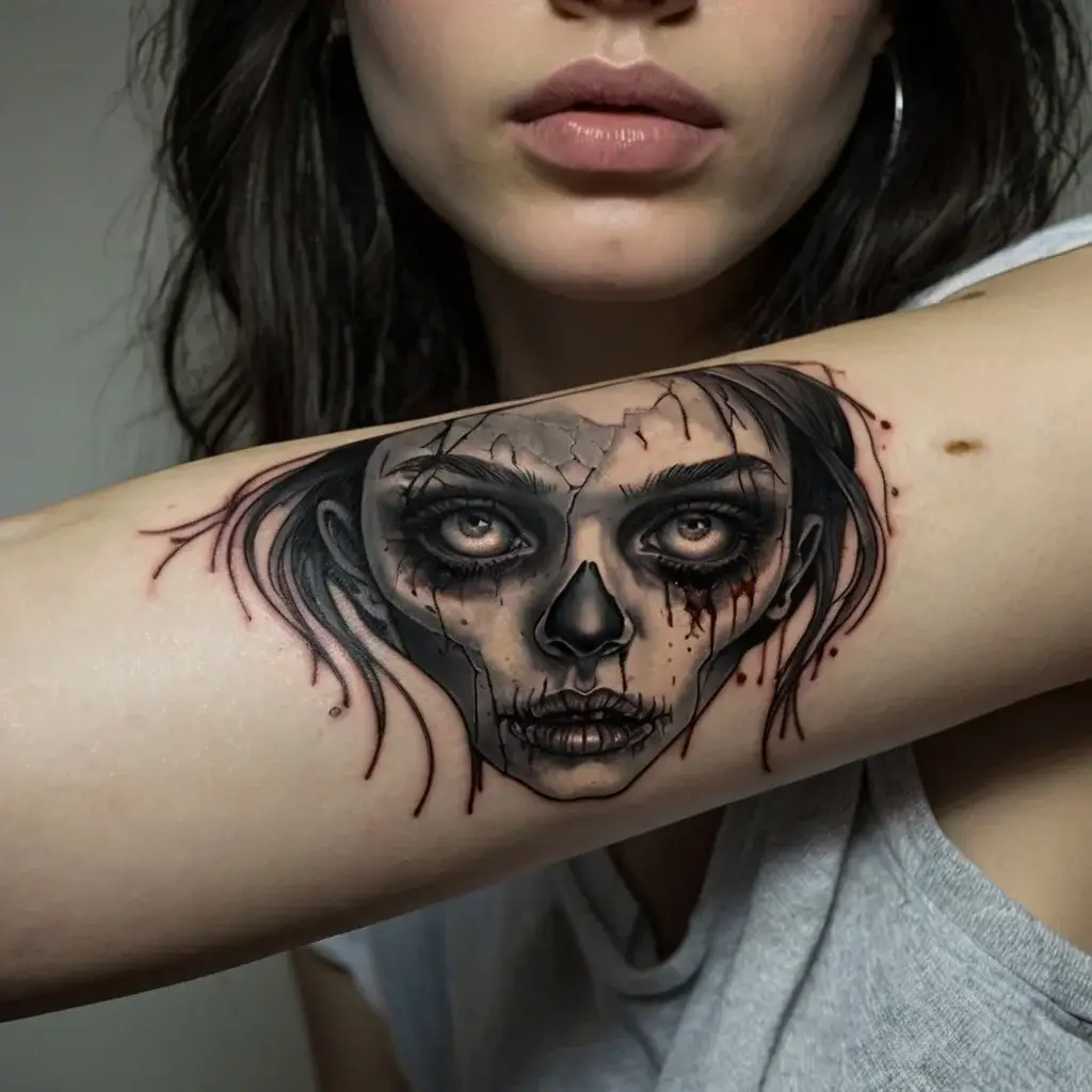 Tattoo of a haunting face with a cracked skull design, intense eyes, and flowing hair, accented by red tears and shading.