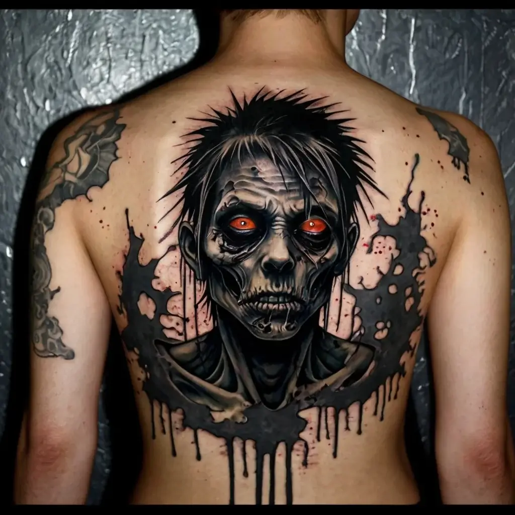 Back tattoo of a haunting zombie face with glowing red eyes and dripping black ink effect, surrounded by splatters.