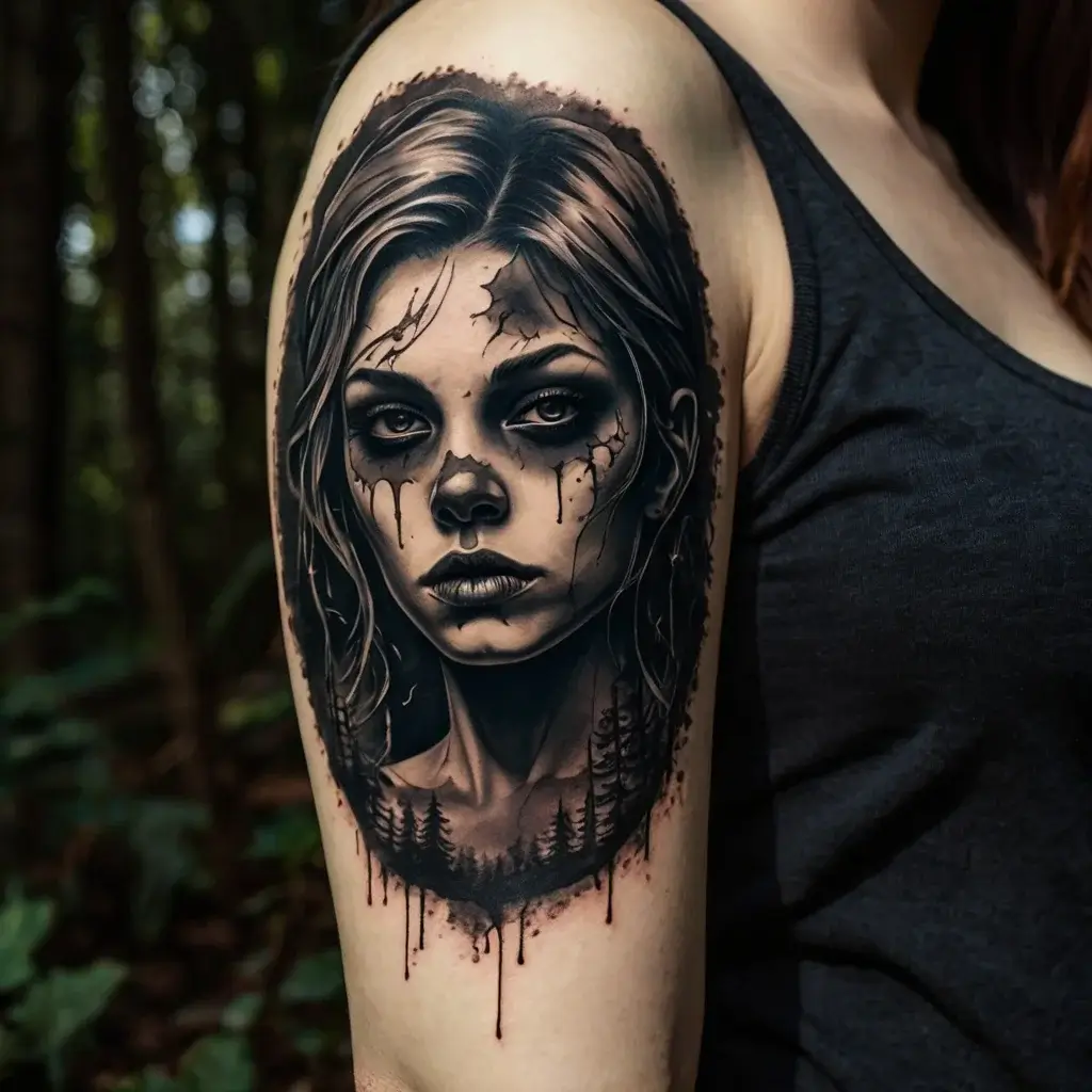 Realistic tattoo of a woman's face with cracks, drips, and a forest silhouette on the shoulder, in grayscale.