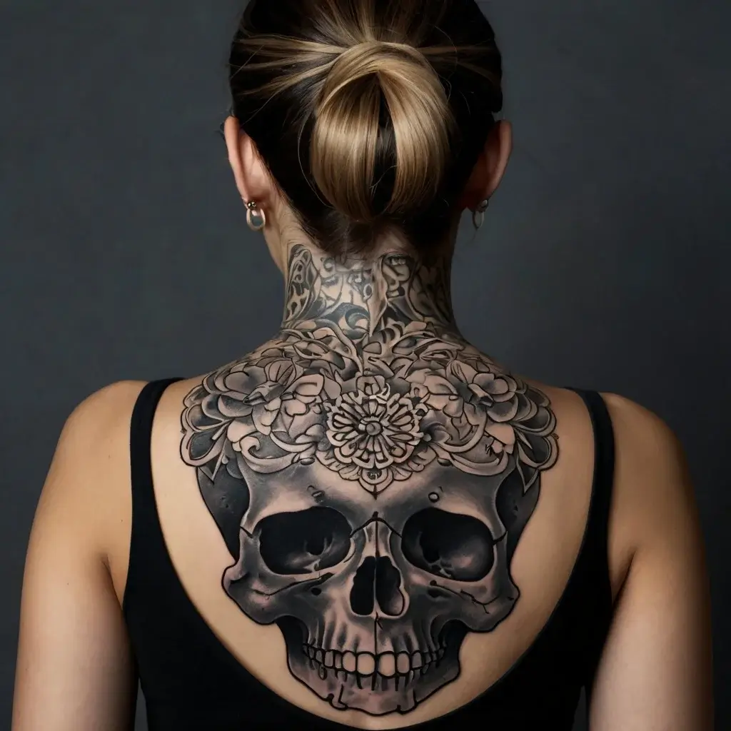 Ornate skull tattoo with floral elements on the back and neck, featuring detailed shading and symmetrical design elements.