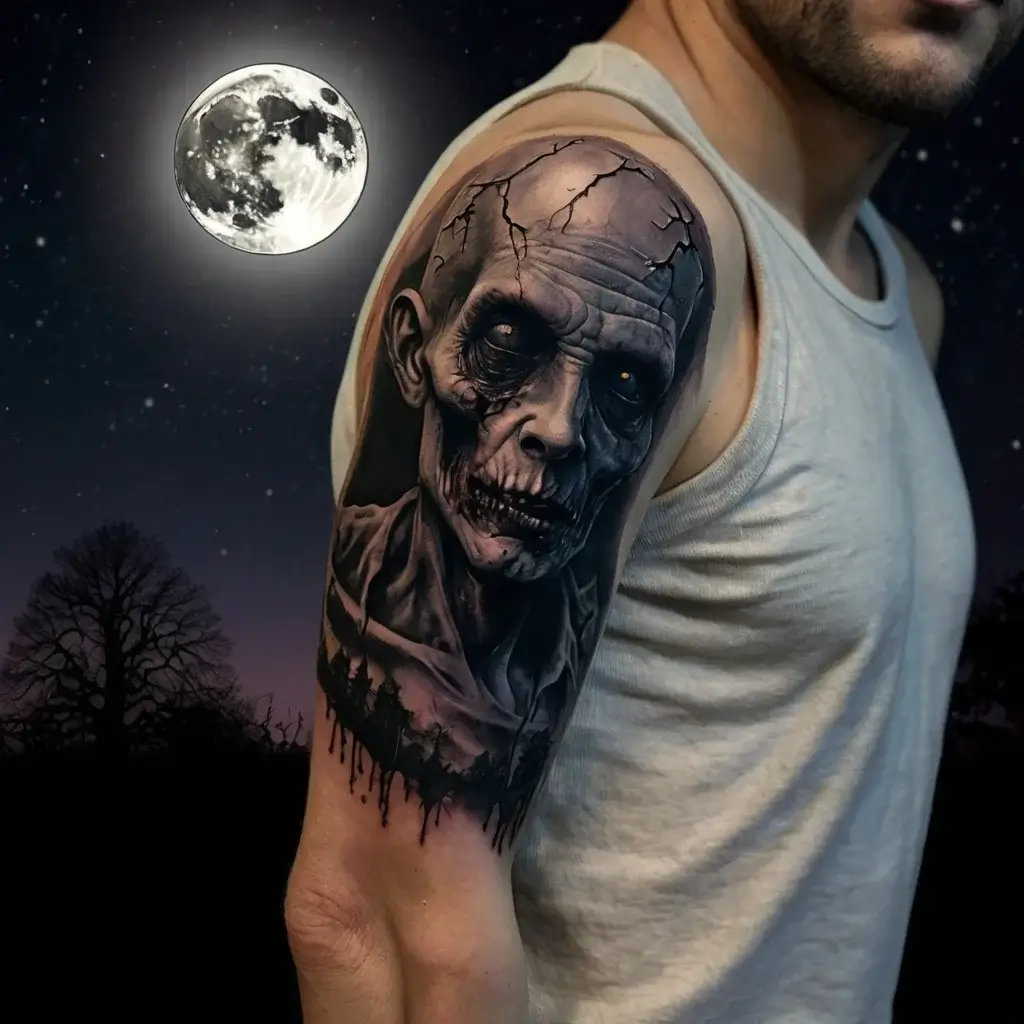 Intricate zombie tattoo on upper arm; lifelike, detailed with cracks and eerie eyes, set against a moonlit night sky.