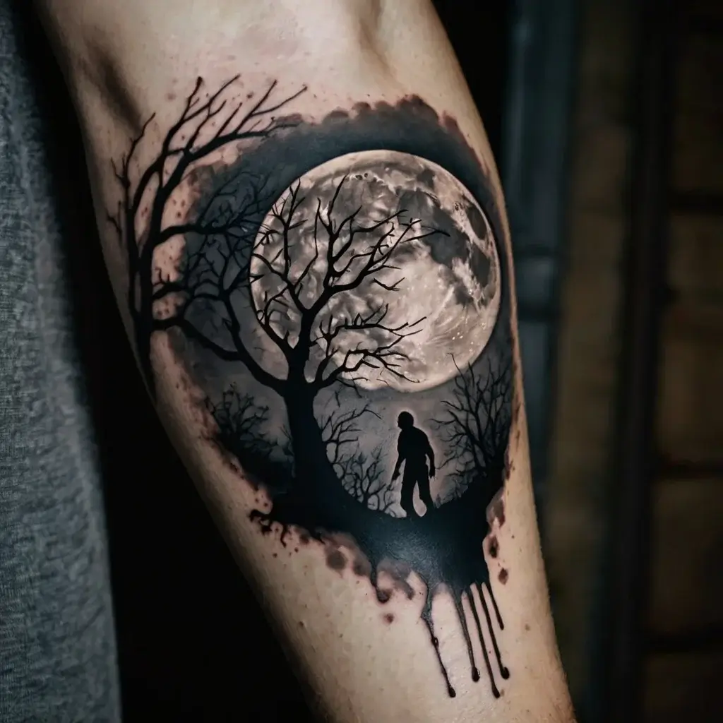 Tattoo of a silhouette with a full moon and barren trees, creating a spooky, atmospheric night scene.