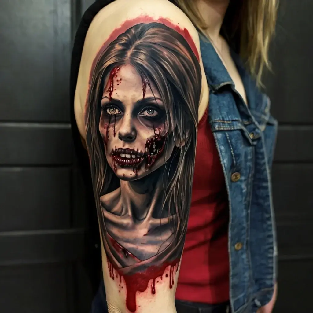 Realistic zombie portrait tattoo with blood details and intense eyes on the arm, detailed in dark and red tones.